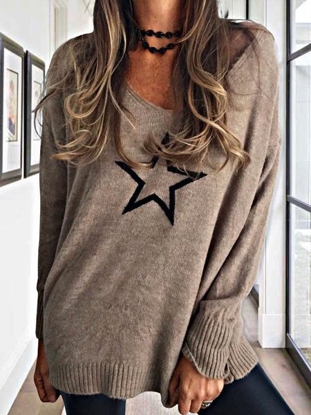 

Casual Loosen V neck Star Long Sleeve Sweater, As picture, Knitwear & Sweaters
