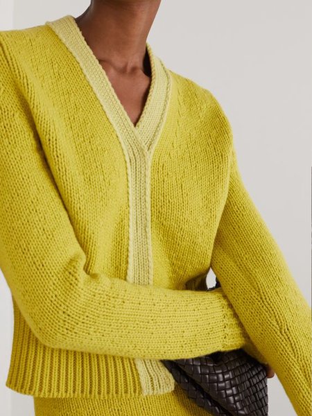 

V Neck Color Block Regular Fit Sweater, Yellow, Pullovers