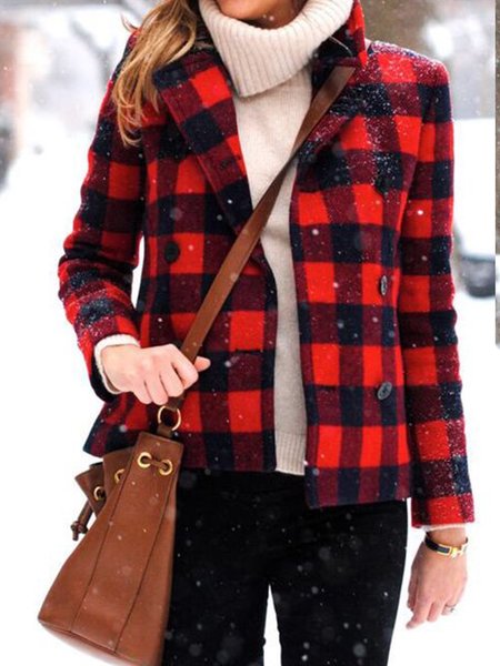 

Simple Flat Collar Checked/Plaid Outerwear, Red, Coats