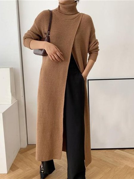 

Long sleeve Elegant Solid High Neck Sweater, Khaki, Pullovers