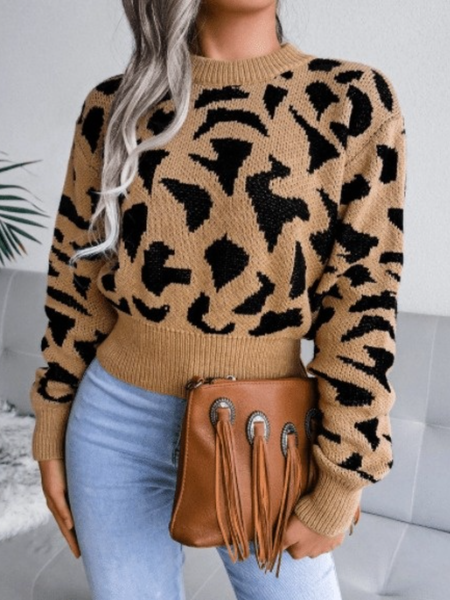 

Fall Regular Fit Plain Simple Crew Neck Slightly stretchy Daily Sweater, Leopard, Pullovers