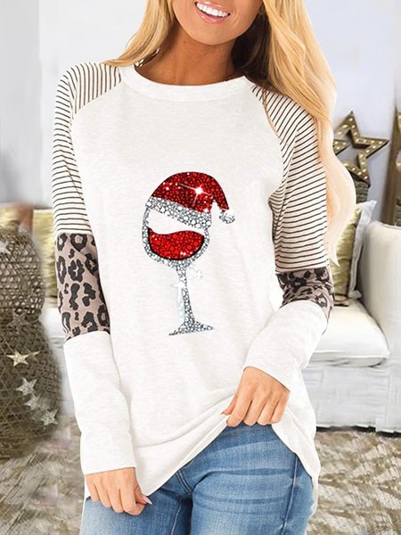 

Christmas color block and wine glass pattern Shirts & Tops, White, Long sleeve tops