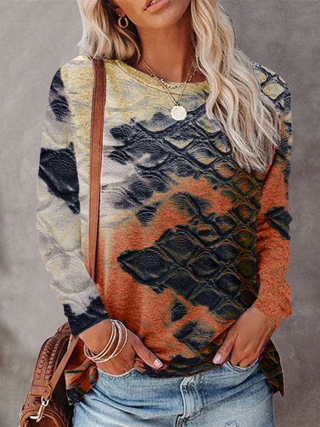 

Casual Long Sleeve Crew Neck Printed Top, Multicolor, Tops