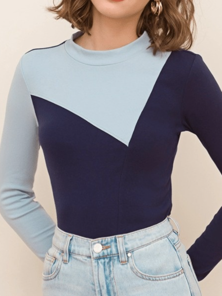 

Fall Slim Fit Crew Neck Simple Color Block Lightweight High Stretch Tops, Royal blue, Tops