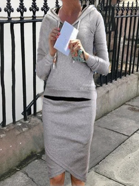 

Hooded Regular Fit Plain Two Piece Sets, Gray, Midi Dresses