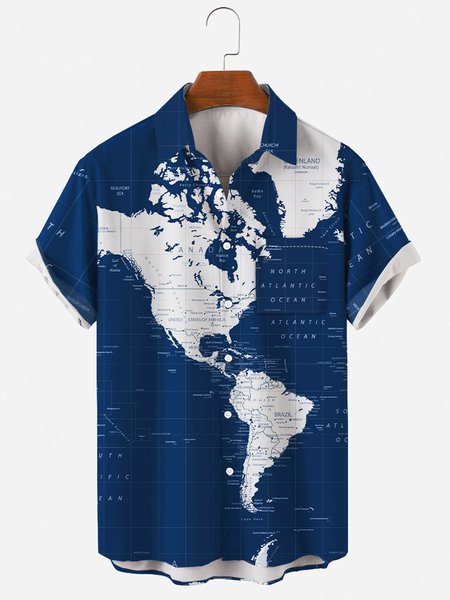 

Mens Navigation Map Print Loose Short Sleeve Shirts, Blue, Men's Floral shirt