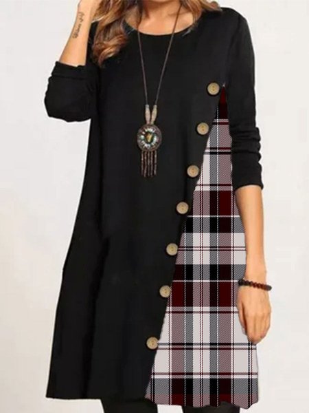 

Controllato/Plaid Stampato Casuale Girocollo Maniche Lunghe A-line Abito, Nero, Mini Dresses
