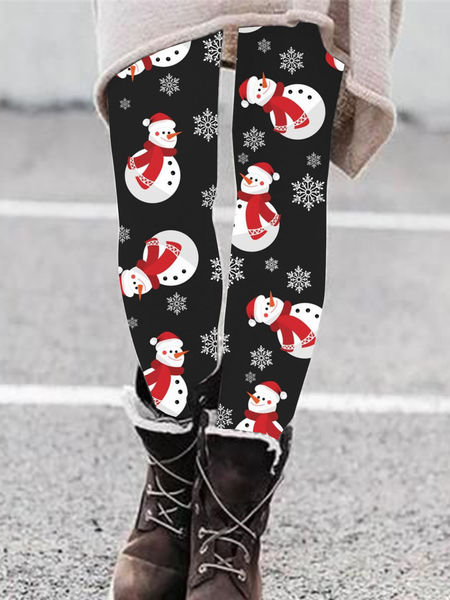 

New high elastic Christmas Snowman print bottoms, Black, Pants