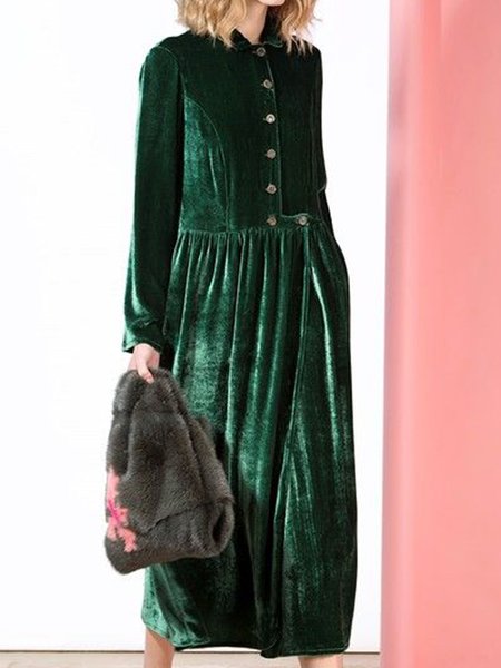 

Elegant Simple Regular Fit Plain Shirt Collar Dress, Green, Midi Dresses