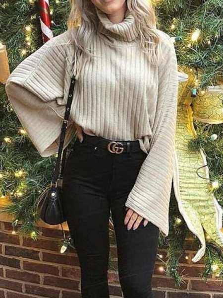 

Flare Sleeve Casual Plain Sweater, Light camel, Pullovers