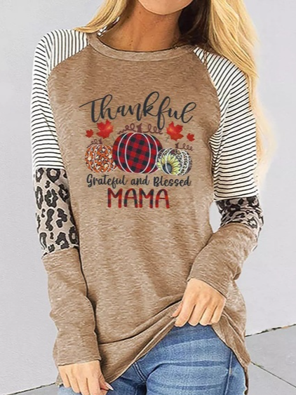 

Crew Neck Cotton Blends Striped Shirts & Tops, Khaki, Long sleeve tops