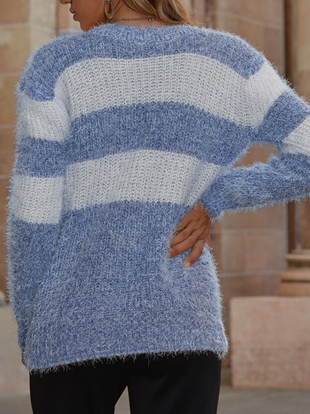 

Crew Neck Long sleeve Simple Sweater, Blue, Pullovers