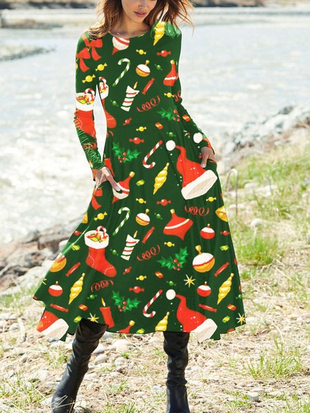 

Christmas Loosen Cotton Blends Dresses, Green, Midi Dresses