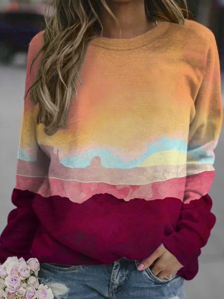 

Landscape painting Loosen Crew Neck Sweatshirt, As picture, Hoodies&Sweatshirts
