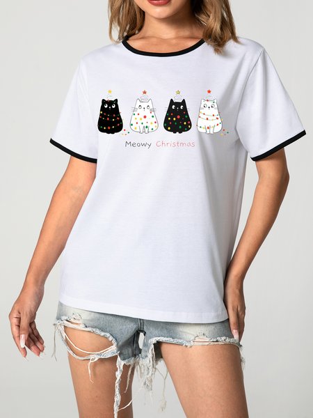 

Unocis Christmas Cat Print Round Neck Short Sleeve Ringer Tee, Black, T-shirts