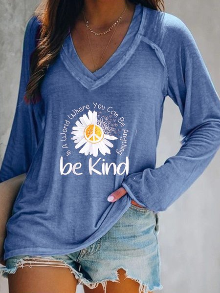

Casual V neck Long Sleeve Printed T-shirt, Blue, T-Shirts