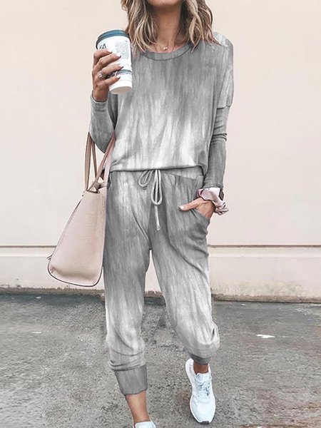 

Tie Dye Vintage Tops&Pants Cotton Blends Suits, Gray, Two-piece Outfits