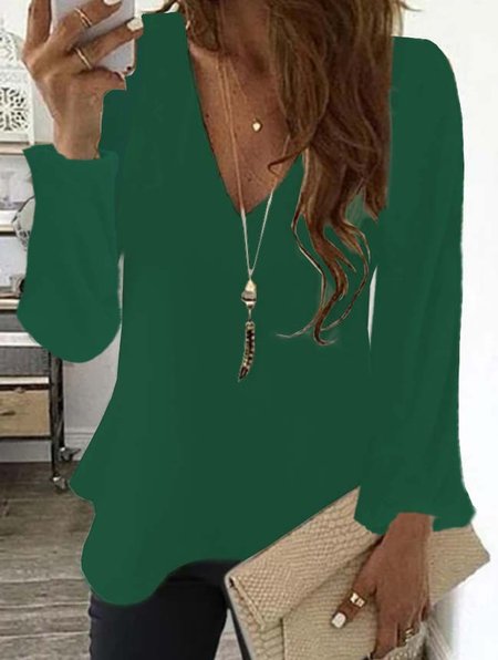 

Maniche Lunghe Tinta Unita Casuale Top, Green, Blouses & Shirts