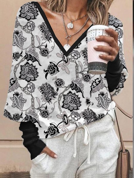

V Neck Batwing Vacation Floral Shirts & Tops, Black-white, T-Shirts