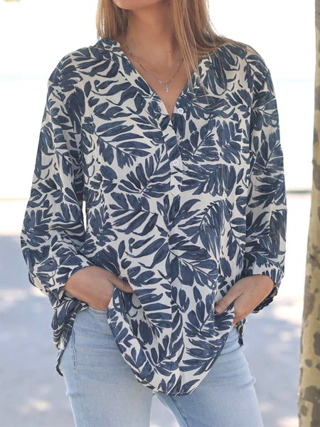 

Vacation Loosen Shirt Collar Shirts & Tops, Blue, Long sleeve tops