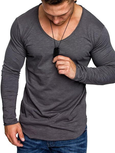 

Solid Color Round Neck Men's Long Sleeve Casual Tee, Deep gray, T-shirts
