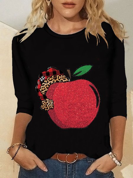 Christmas Xmas Long Sleeve Round Neck Plus Size Printed Tops T-shirts, Black, T-Shirts