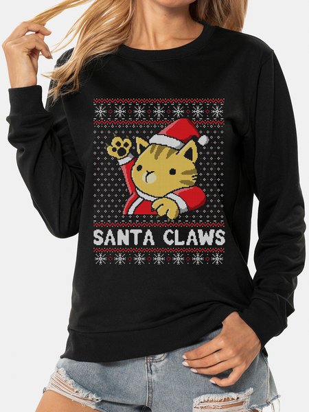 

Unocis Christmas Cat Printed Crew Neck Sweatshirt, Black, Sweatshirts