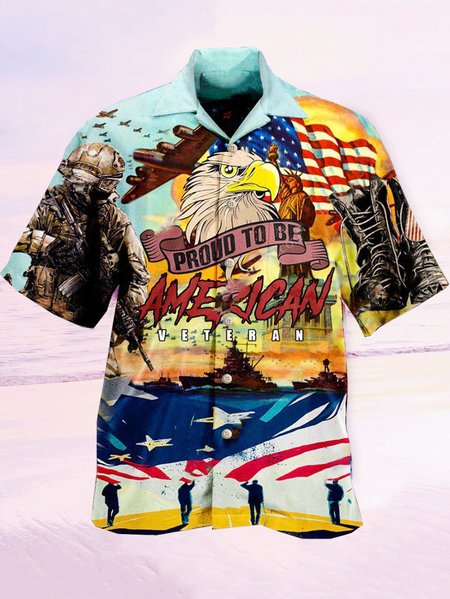 

Mens American Flag Eagle Veterans Print Loose Short Sleeve Shirts, Blue, Men's Floral shirt