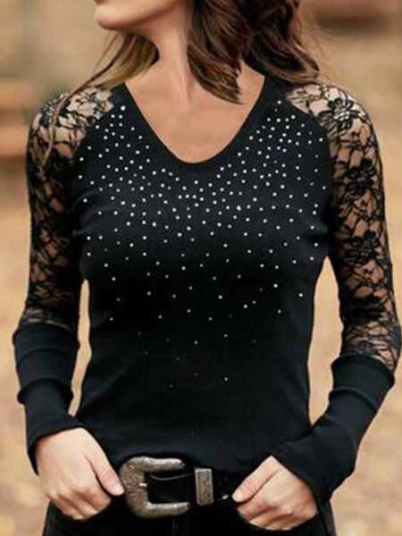 

New long sleeve round neck plain stitched lace hot diamond top T-shirt women, Black, Tees & T-shirts
