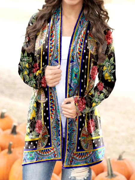 

Collarless Vintage Cotton Blends Cardigan, Black, Outerwear