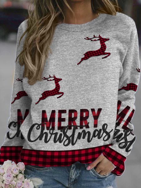 

Merry Christmas Plaid Fawn Loosen Sweatshirt, As picture, Hoodies&Sweatshirts