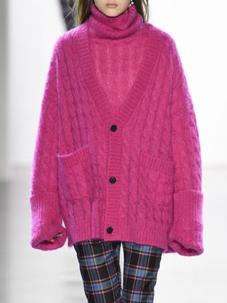

V Neck Loosen Long Sleeve Solid Outerwear, Rose red, Cardigans