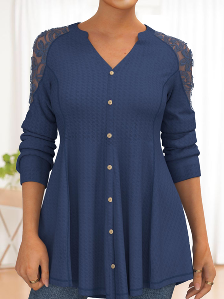 

New long sleeve round neck flower lace elastic fabric top T-shirt women, Blue, Tunics