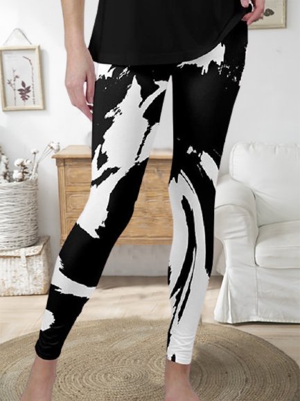 

Skinny Casual Abstract Printed Elastic Waist Long Pants, Black-white, Pants