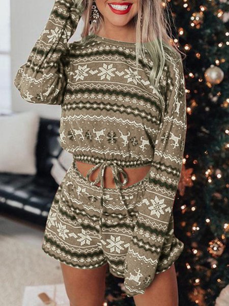 

Crew Neck Chiffon Casual Suits, Khaki, Two-piece Set