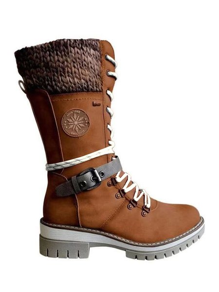 

Retro Casual Stitching Zipper Lace-up Combat Boots, Brown, Boots