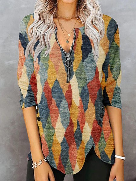 

Casual Long Sleeve Crew Neck Printed Top, Multicolor, Tops