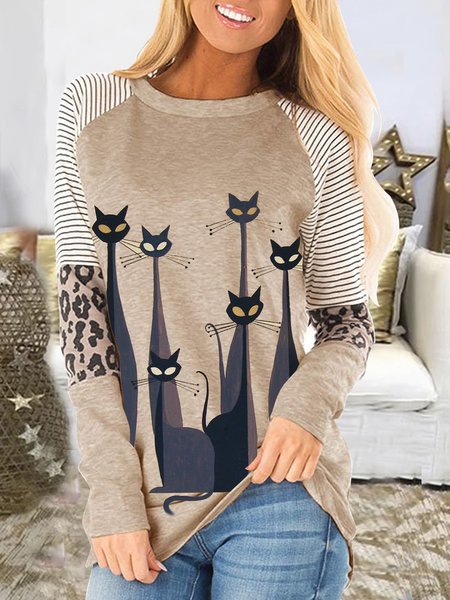 

Round Collar And Leopard Print Patchwork Top, Cute Cat Shirt & Top, As picture, T-Shirts
