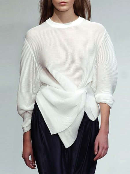 

Crew Neck Lady Long Sleeve Solid Top, White, Tops