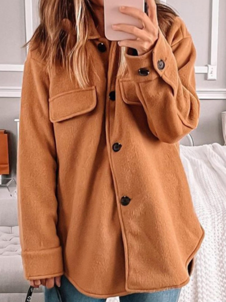 

New long sleeve Lapel solid color patterned POCKET DENIM Wool Jacket Women's coat, Brown, Outerwear