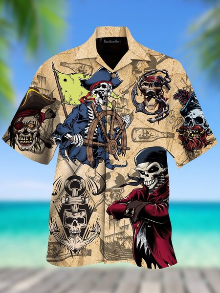 

Mens Skull Pirate Print Loose Short Sleeve Shirts, Khaki, Men's Floral shirt