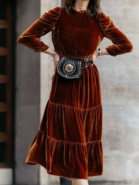 

Elegant Gorgeous Vintage Ruffle Collar Regular Fit Dress, Brown, Midi Dresses