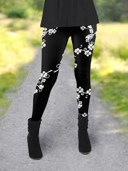 

Monochrome floral print leggings, Black, Pants