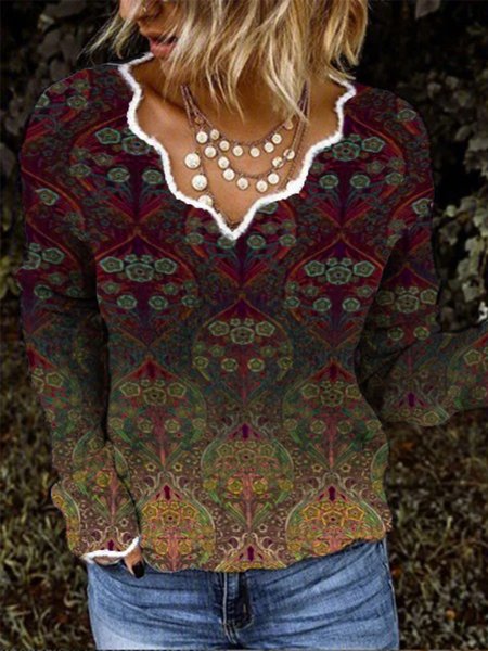 

Casual Loosen Tribal V neck Long Sleeve Shirts & Tops, As picture, Tops