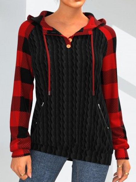 

New long sleeve V-neck twisted checkerboard print top T-shirt women, Black-red, Hoodies & Sweatshirts