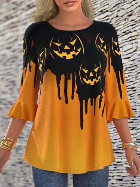 

Cartoon Cotton Blends Loosen Shirts & Tops, Yellow, Long sleeve tops