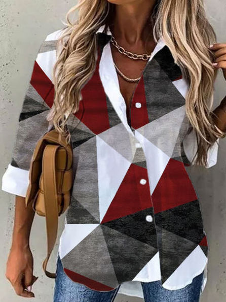 

Geometric Shirt Collar Casual Shirts & Tops, Multicolor, Long sleeve tops