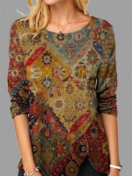 

Casual Long Sleeve Crew Neck Printed Top, Multicolor, Tops