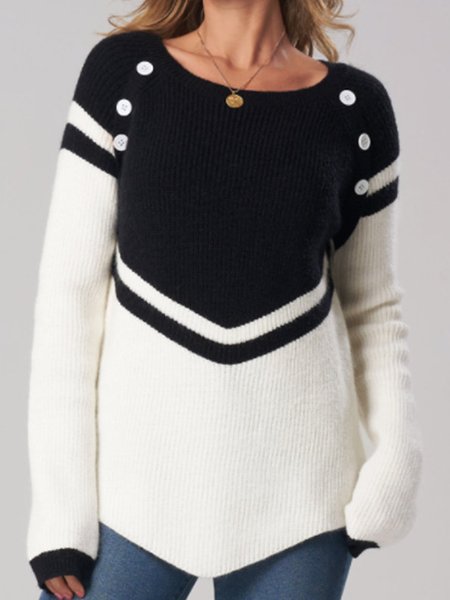 

Crew Neck Plain Sweater, Black-white, Sweaters & Cardigans