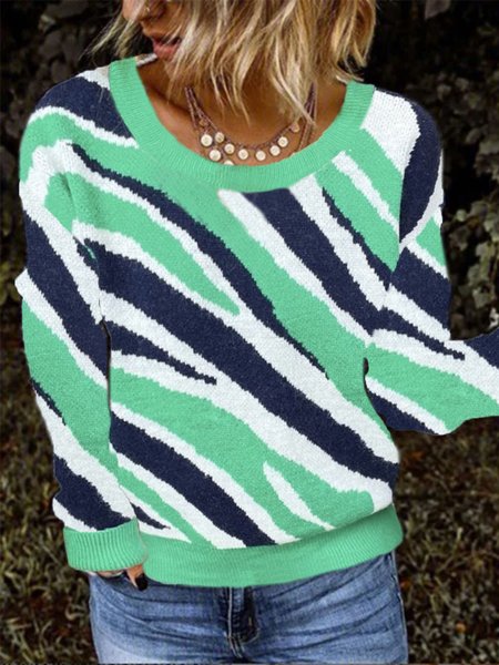 

Casual Zebra Long Sleeve Crew Neck Loosen Sweater, Green, Knitwear & Sweaters